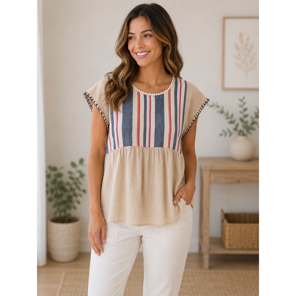 Altar'd State Women Large Beige Striped Yoko Cotton Boho Babydoll Large Top